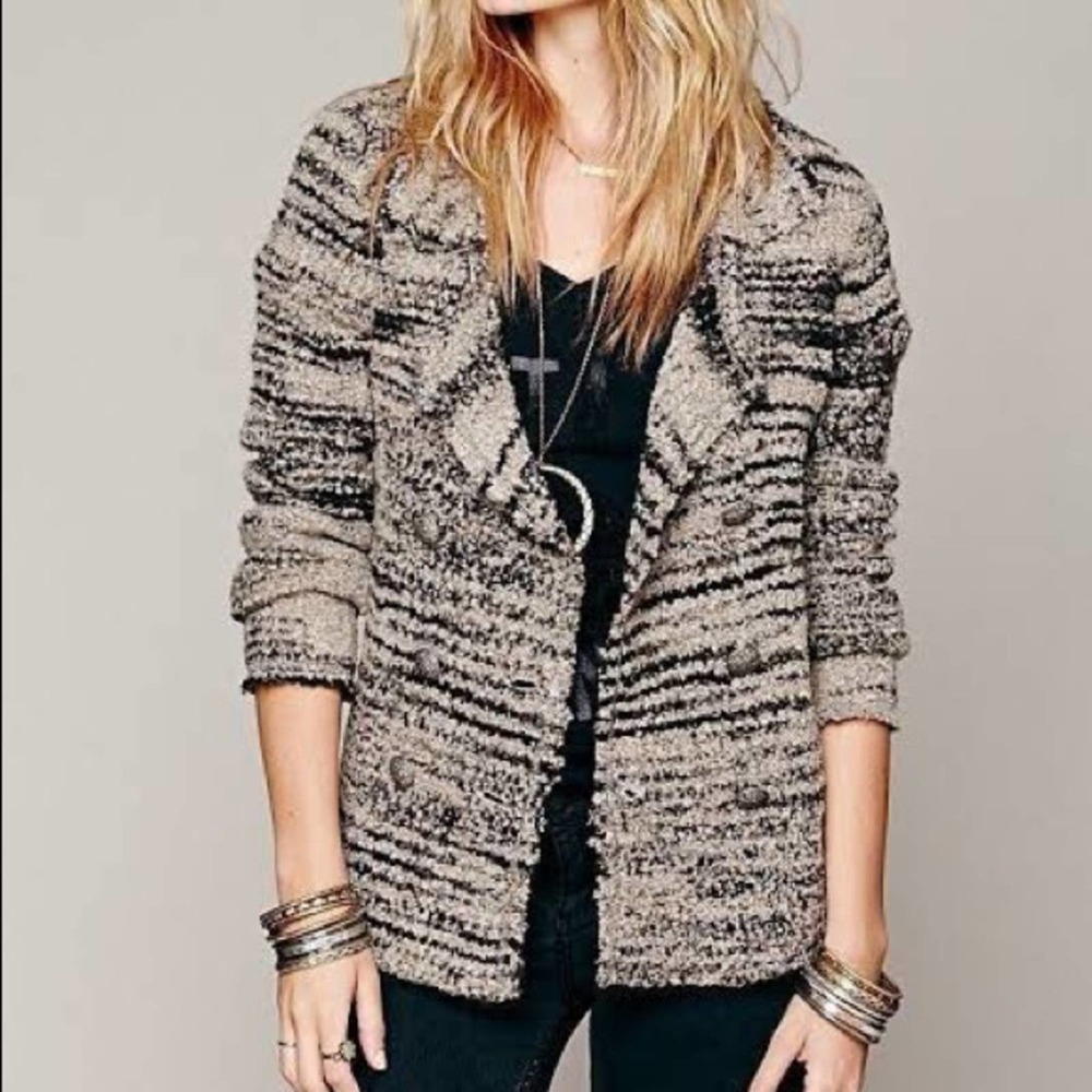 Free People | Cute Black Grey Zebra Boucle Wool Peacoat Jacket Coat Small